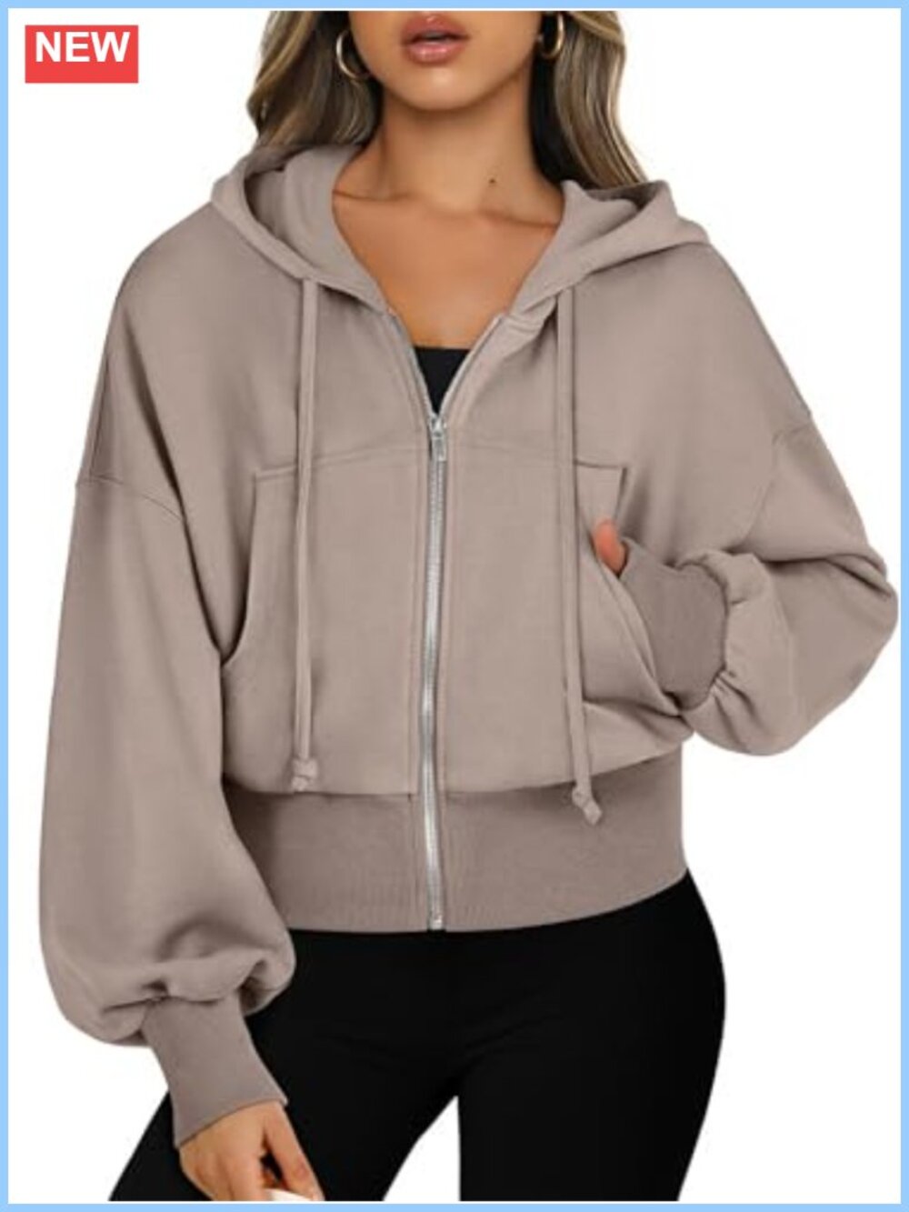 Women's Cropped Zip Up Hoodie with Adjustable Drawstring and Pockets, Ribbed